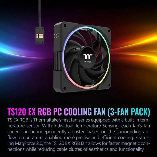 Alt view image 14 of 18 - Thermaltake TS120 EX RGB 120mm; Embedded Temperature Sensor; PWM 500~2000 RPM; MagForce 2.0; Airflow 56.01 CFM; Hydraulic Bearing; TT RGB Plus 3.0; Controller Included; 3-Pack; Black; CL-F206-PL12SW-A