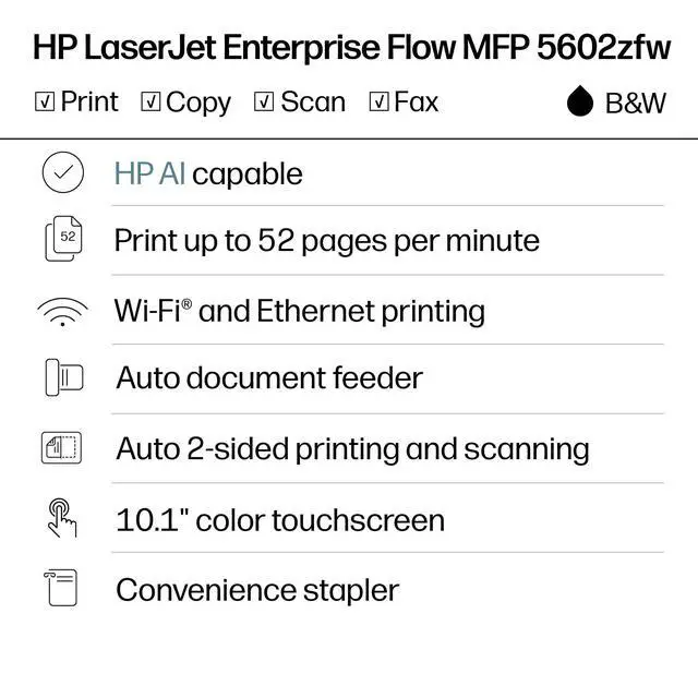 Alt view image 2 of 7 - HP LaserJet Enterprise 5602zfw Wired Laser Multifunction Printer Monochrome 675S5ABGJ