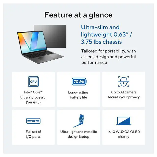 Alt view image 12 of 14 - Asus Vivobook S16 S3607 S3607AA-DS99 16" Copilot+ PC Notebook - WUXGA - Intel Core Ultra 9 386H - 32 GB - 1 TB SSD - Intel Chip - 1920 x 1200 - Windows 11 Home - Intel - Tru2Life - 25 Hours Batte