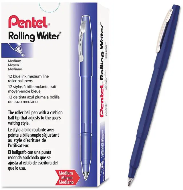 Alt view image 2 of 3 - Rolling Writer Rollerball Pen Stick Medium 0.8 mm Blue Ink Blue Barrel Dozen R100C