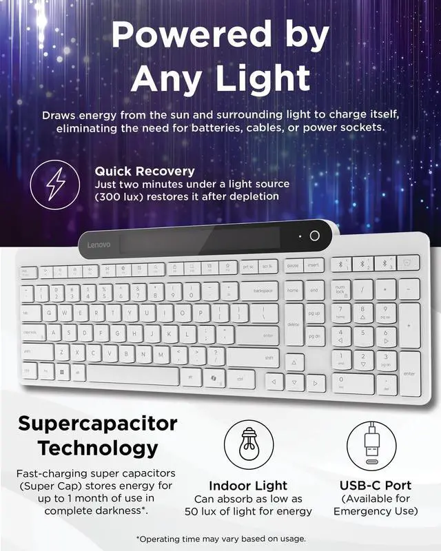 Alt view image 17 of 20 - Lenovo 800 Self-Charging Bluetooth Keyboard White