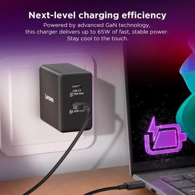 Alt view image 3 of 7 - Lenovo Dual USB-C 65W GaN Charger G0A6065BUS