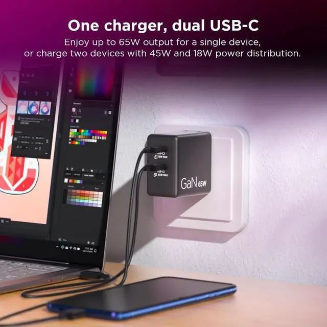 Alt view image 4 of 7 - Lenovo Dual USB-C 65W GaN Charger G0A6065BUS
