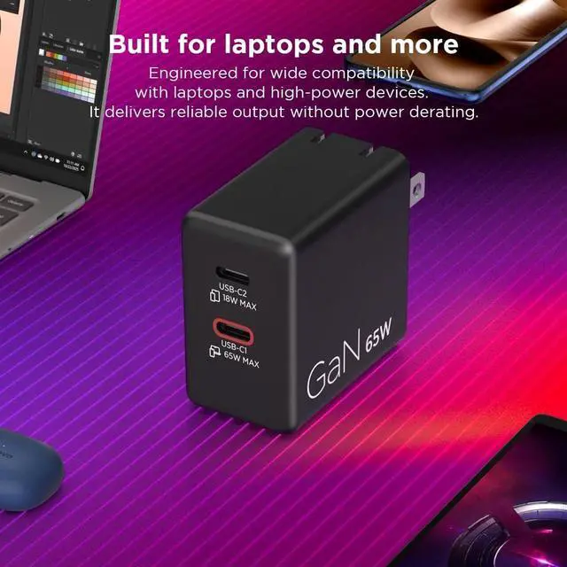 Alt view image 5 of 7 - Lenovo Dual USB-C 65W GaN Charger G0A6065BUS