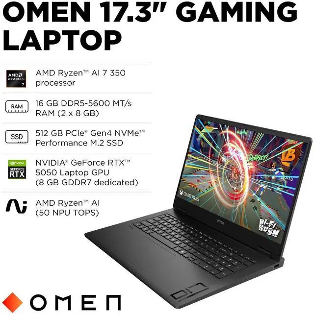 Alt view image 18 of 20 - HP 17DB1500NR FHD IPS 17.3 inch OMEN - AMD Ryzen AI 7 350 - NVIDIA GeForce RTX 5050 - 16GB RAM / 512GB SSD - Win 11