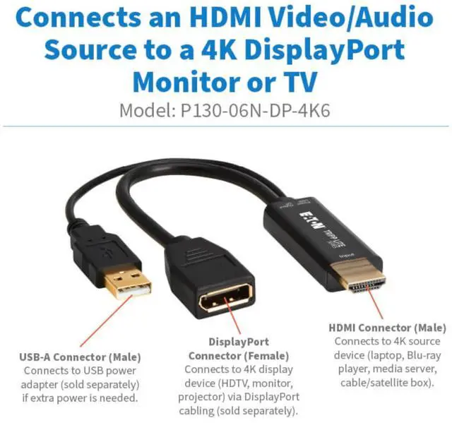 Alt view image 4 of 7 - Eaton Tripp Lite 7" HDMI to DisplayPort Active Converter M/F with USB Power