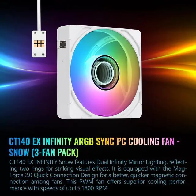 Alt view image 8 of 11 - Thermaltake CT140 EX Infinity ARGB Sync 3 Pack; Infinity Mirror Hub; 140mm x 28mm; PWM 500~1800 RPM; MagForce 2.0; 5V 3-Pin Motherboard Sync; 3-Pack; Snow; CL-F244-PL14SW-A
