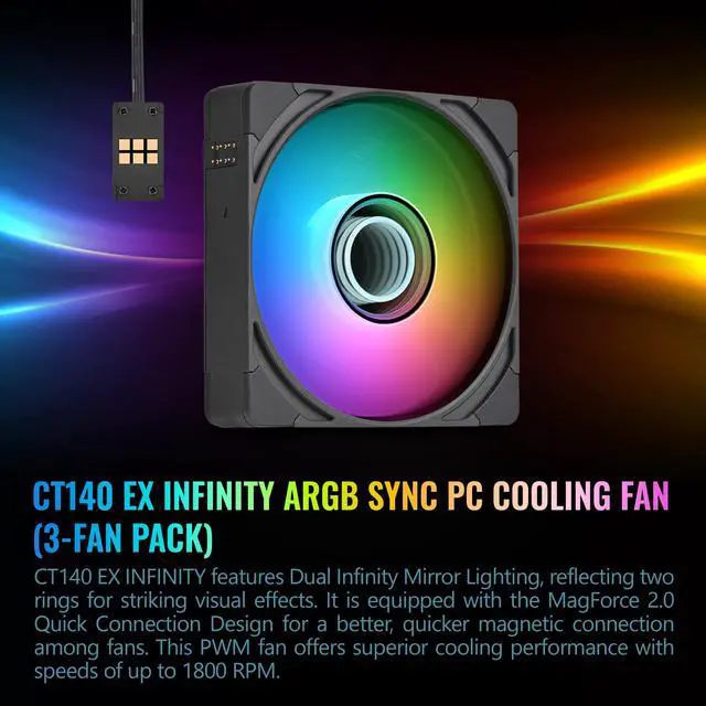Alt view image 8 of 12 - Thermaltake CT140 EX Infinity ARGB Sync 3 Pack; Infinity Mirror Hub; 140mm x 28mm; PWM 500~1800 RPM; MagForce 2.0; 5V 3-Pin Motherboard Sync; 3-Pack; Black; CL-F242-PL14SW-A