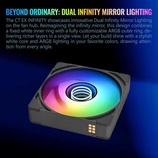 Alt view image 9 of 12 - Thermaltake CT140 EX Infinity ARGB Sync 3 Pack; Infinity Mirror Hub; 140mm x 28mm; PWM 500~1800 RPM; MagForce 2.0; 5V 3-Pin Motherboard Sync; 3-Pack; Black; CL-F242-PL14SW-A