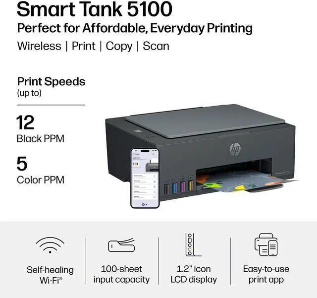 Alt view image 9 of 11 - HP Smart Tank 5100 All-in-One Inkjet Printer, Color Mobile Print, Copy, Scan Up