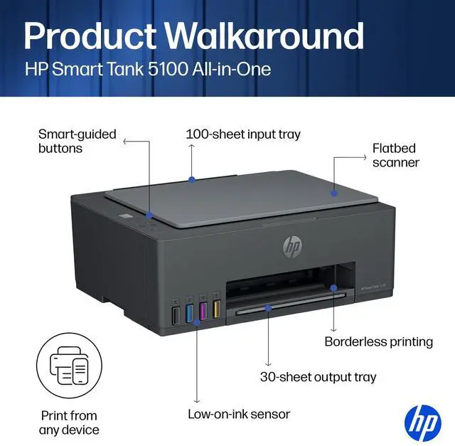 Alt view image 10 of 11 - HP Smart Tank 5100 All-in-One Inkjet Printer, Color Mobile Print, Copy, Scan Up