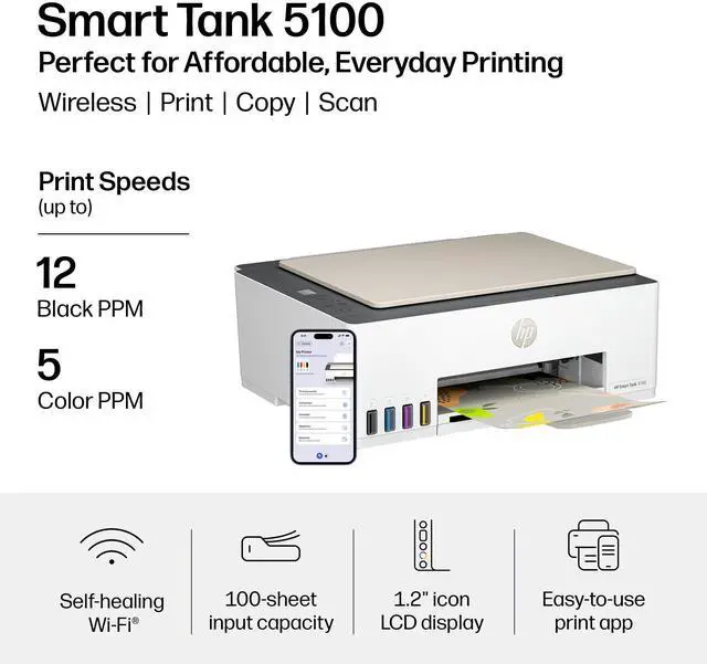 Alt view image 10 of 12 - HP Smart Tank 5100 All-in-One Inkjet Printer, Color Mobile Print, Copy, Scan Up