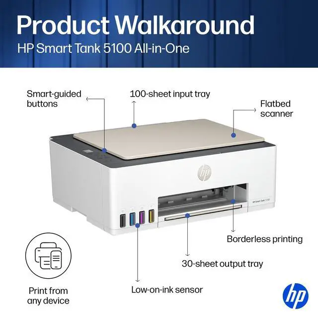 Alt view image 11 of 12 - HP Smart Tank 5100 All-in-One Inkjet Printer, Color Mobile Print, Copy, Scan Up