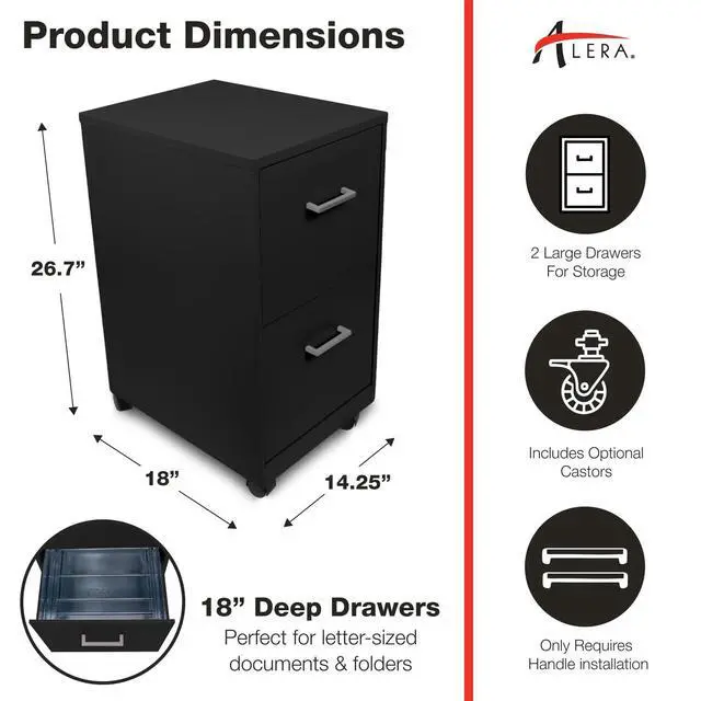 Alt view image 3 of 6 - Alera SOHO-Grade 2-Drawer Vertica,Filing Cabinet for Home and Office Use, Durable Steel Construction, 14.25" W x 18" D x 26.7" H, Black