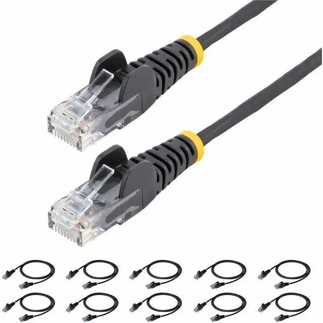 Main image of StarTech 6in Black Slim CAT6 Cable 10 Pack Snagless RJ45 UTP LSZH 28AWG Pure Bare Copper Slim Network Patch Cord