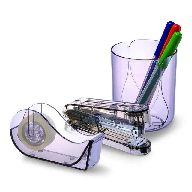 Main image of Recycled Plastic Three-Piece Desk Set: 1 Pencil Cup 1 Stapler 1 Tape Dispenser 1 Roll of Tape Translucent Ash 97712