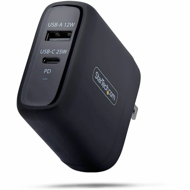 Alt view image 4 of 4 - Startech 37W USB-C & USB-A Wall Charger, Portable Charger with USB Power Delivery Fast Charging, 25W USB-C PD / 12W USB-A Output, Dual-Port USB-C/USB-A Model 114NB-WALL-CHARGER