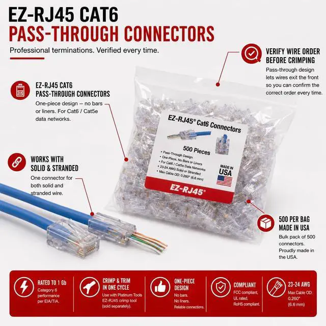 Alt view image 5 of 10 - Platinum Tools EZ-RJ45 CAT6 Connectors - 500 - 1 x RJ-45 Network Male - Clear - TAA Compliant