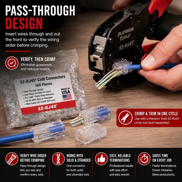 Alt view image 6 of 10 - Platinum Tools EZ-RJ45 CAT6 Connectors - 500 - 1 x RJ-45 Network Male - Clear - TAA Compliant