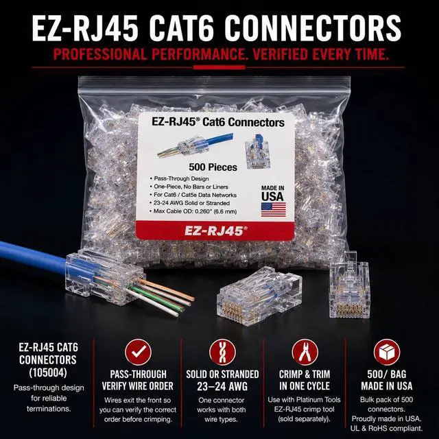 Alt view image 9 of 10 - Platinum Tools EZ-RJ45 CAT6 Connectors - 500 - 1 x RJ-45 Network Male - Clear - TAA Compliant