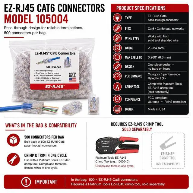Alt view image 10 of 10 - Platinum Tools EZ-RJ45 CAT6 Connectors - 500 - 1 x RJ-45 Network Male - Clear - TAA Compliant