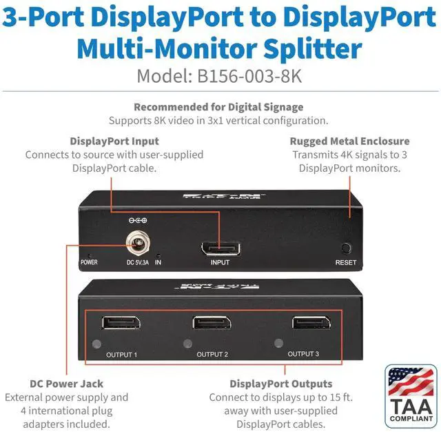 Alt view image 2 of 5 - Eaton Tripp Lite series 3-Port DisplayPort to DisplayPort Multi-Monitor Splitter