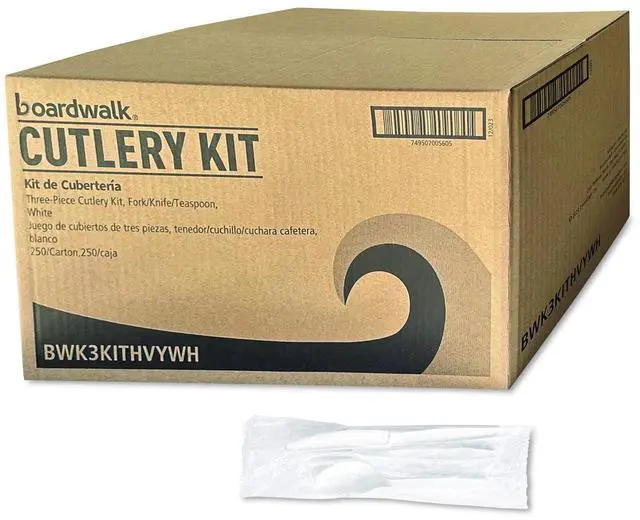 Main image of Three-Piece Polystyrene Cutlery Kit Heavyweight Fork/Knife/Spoon Plastic White 250/Carton BWK3KITHVYWH