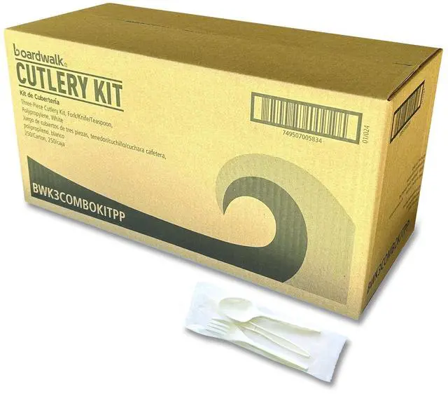 Main image of Three-Piece Cutlery Kit Mediumweight Fork/Knife/Spoon 6.97" Plastic White 250/Carton BWK3COMBOKITPP