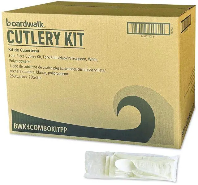 Main image of Four-Piece Polypropylene Cutlery Kit Mediumweight Fork/Knife/Napkin/Spoon Plastic White 250/Carton BWK4COMBOKITPP