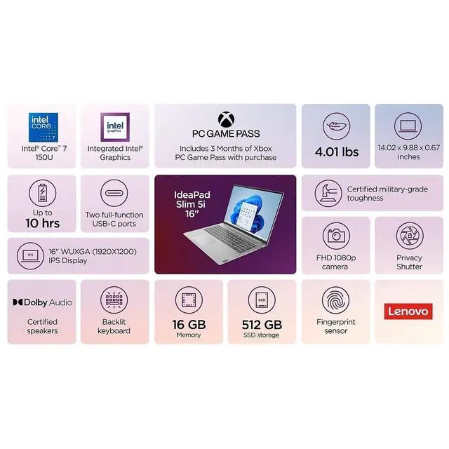 Alt view image 2 of 7 - NEW LENOVO IDEAPAD SLIM 5 16IRU9 NOTEBOOK INTEL CORE 7 (I7) 150U 10C 16GB 512GB