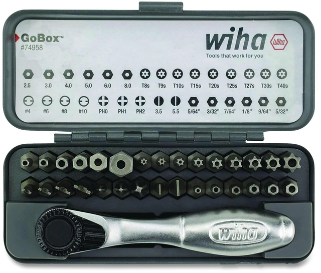 Main image of 32-Piece GoBox Security Bit Set with Mini Ratchet Metric Hex Metric Slotted Phillips SAE Hex Spanner and Torx Bits 74958