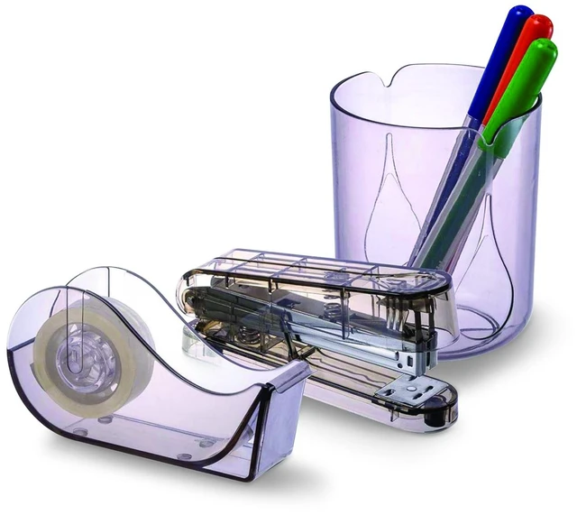 Main image of Recycled Plastic Three-Piece Desk Set: 1 Pencil Cup 1 Stapler 1 Tape Dispenser 1 Roll of Tape Translucent Ash 97712