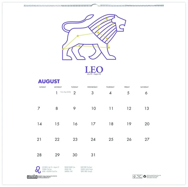 Main image of Recycled Academic Zodiac Wall Calendar 11 x 14 Multicolor Sheets 12-Month Aug to July: 2025 to 2026 3185