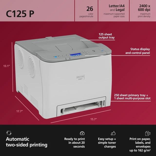 Alt view image 3 of 6 - Ricoh C125 P Desktop Wireless Laser Printer Color
