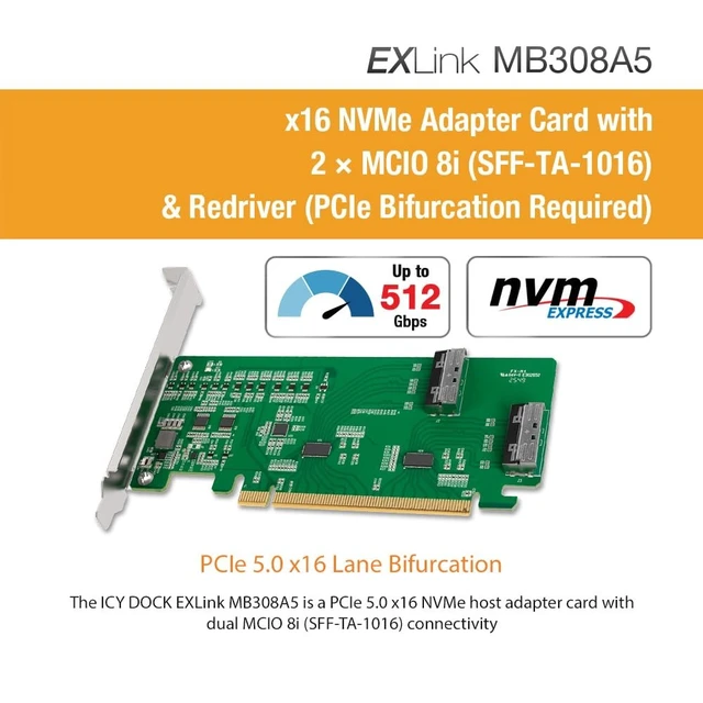 Alt view image 2 of 5 - EXLINK MB308A5 PCIE 5.0 X16 NVM E HOST ADAPTER CARD WITH 2 MCIO 8