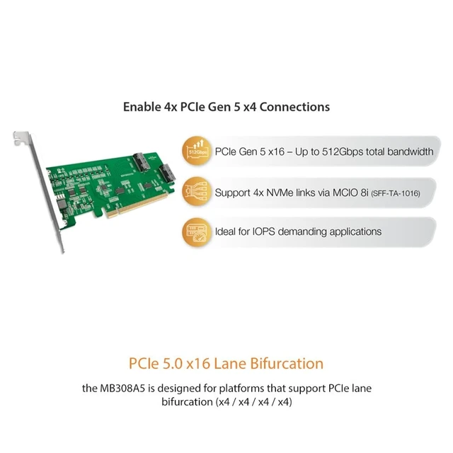 Alt view image 3 of 5 - EXLINK MB308A5 PCIE 5.0 X16 NVM E HOST ADAPTER CARD WITH 2 MCIO 8