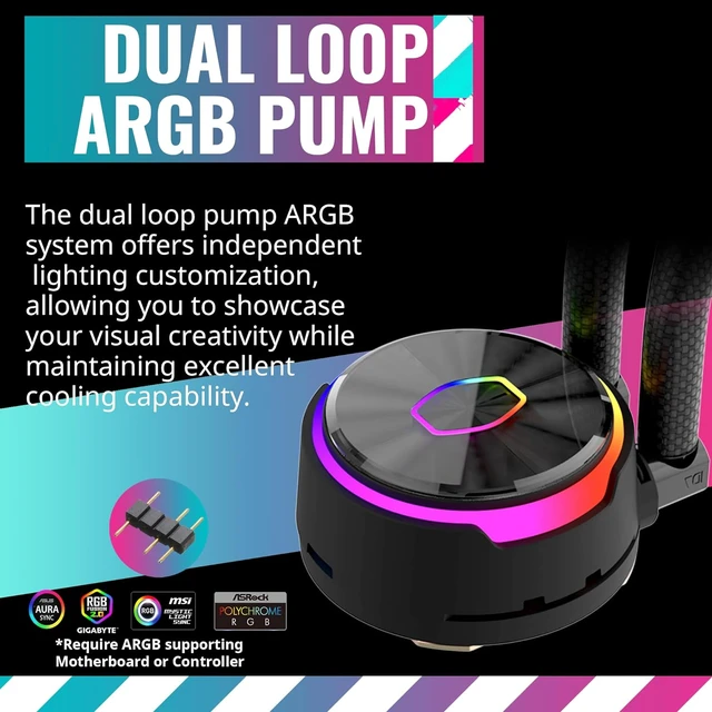 Alt view image 7 of 7 - Cooler Master MasterLiquid PL240 FLUX Close-Loop AIO CPU Liquid Cooler, Gen2 ARGB Dual Loop Pump