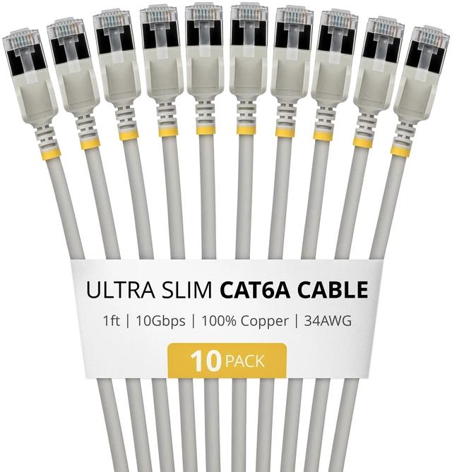 Main image of 10-PACK OF ULTRA SLIM CAT6A CABLES IS IDEAL FOR MULTIPLE SETUPS; 10GBPS ETHERNET