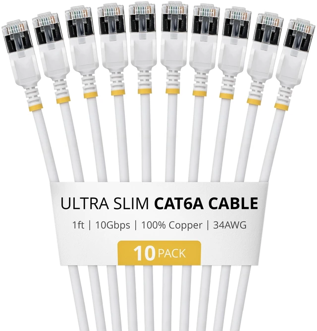 Main image of 10-PACK OF ULTRA SLIM CAT6A CABLES IS IDEAL FOR MULTIPLE SETUPS; 10GBPS ETHERNET