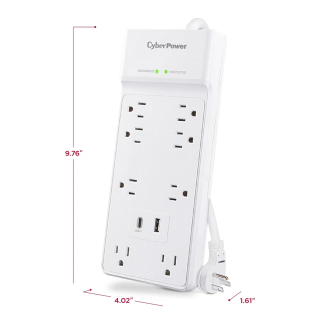 Alt view image 2 of 5 - CyberPower P806UC15 8-Outlet 2-USB Port 2400J Surge Protector Power Strip