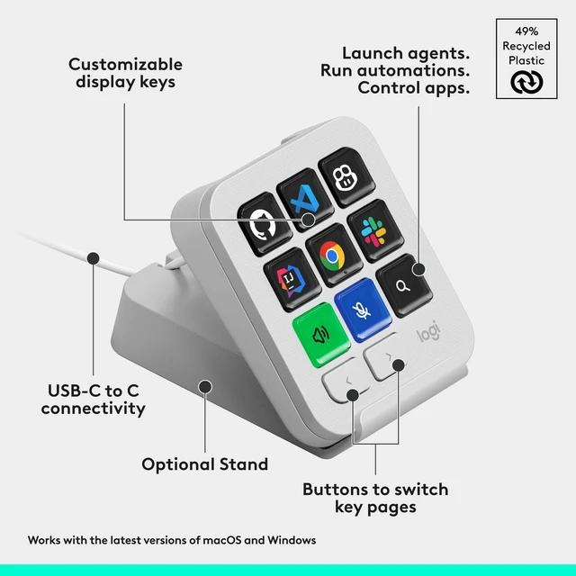 Alt view image 2 of 5 - Logitech MX Keypad Programmable Macro Pad for Developers9 LCD KeysApp-Aware ProfilesGitHub CopilotUSB-CPale Gray 920013890