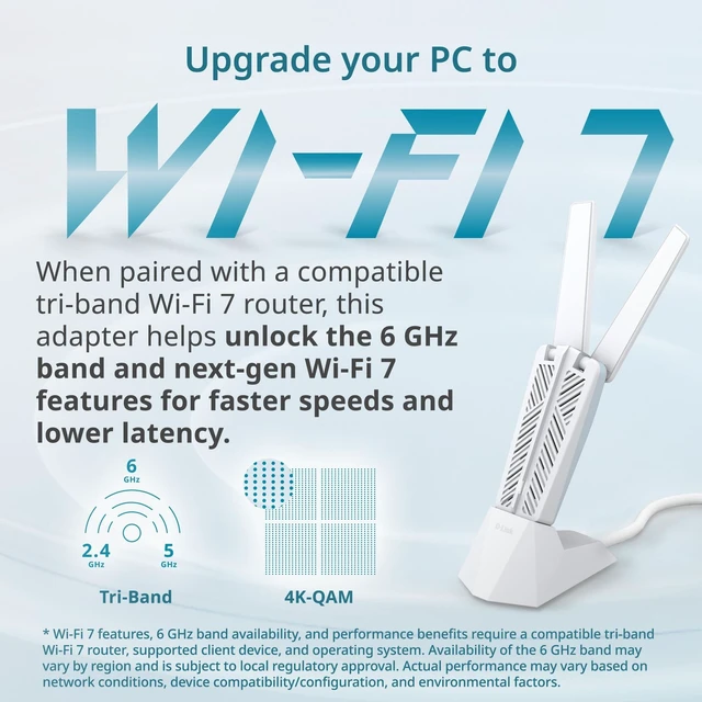 Alt view image 15 of 18 - D-Link BE6500 Tri-Band Wi-Fi 7 Wireless USB 3.0 Adapter (AE65U) for Desktop or Laptop PC | 2 x High Gain Antennas, 6GHz, 4K-QAM, 160MHz, WPA3 Enhanced Security, Detachable Cradle, Windows 11, 10