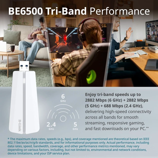 Alt view image 16 of 18 - D-Link BE6500 Tri-Band Wi-Fi 7 Wireless USB 3.0 Adapter (AE65U) for Desktop or Laptop PC | 2 x High Gain Antennas, 6GHz, 4K-QAM, 160MHz, WPA3 Enhanced Security, Detachable Cradle, Windows 11, 10