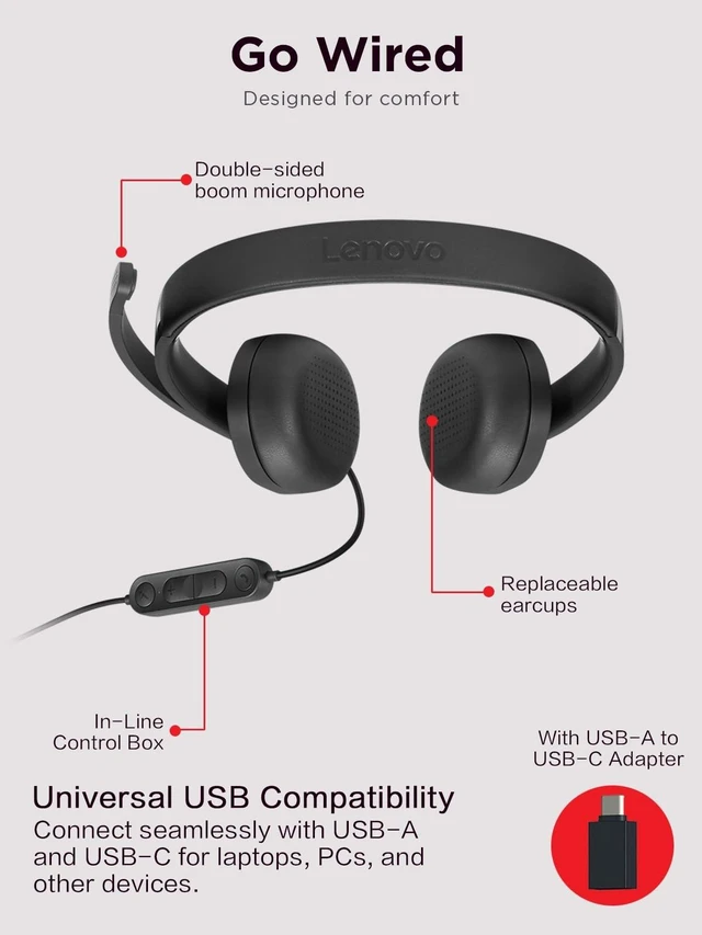 Alt view image 5 of 7 - Lenovo 115 USB-A / USB-C Wired Stereo Headset GXD1R27243