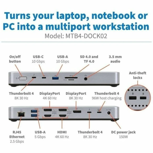 Alt view image 4 of 5 - TRIPP LITE SERIES THUNDERBOLT 4 DOCK QUAD DISPLAY 8K TB & DP 4K HDMI & DP USB-C