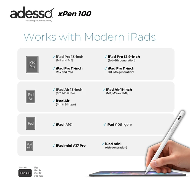 Alt view image 9 of 12 - Adesso xPen 100 Stylus Pen for iPad - Active - Replaceable Stylus Tip - Aluminum Alloy - Tablet Device Supported
