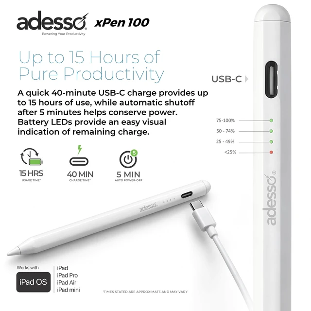 Alt view image 10 of 12 - Adesso xPen 100 Stylus Pen for iPad - Active - Replaceable Stylus Tip - Aluminum Alloy - Tablet Device Supported