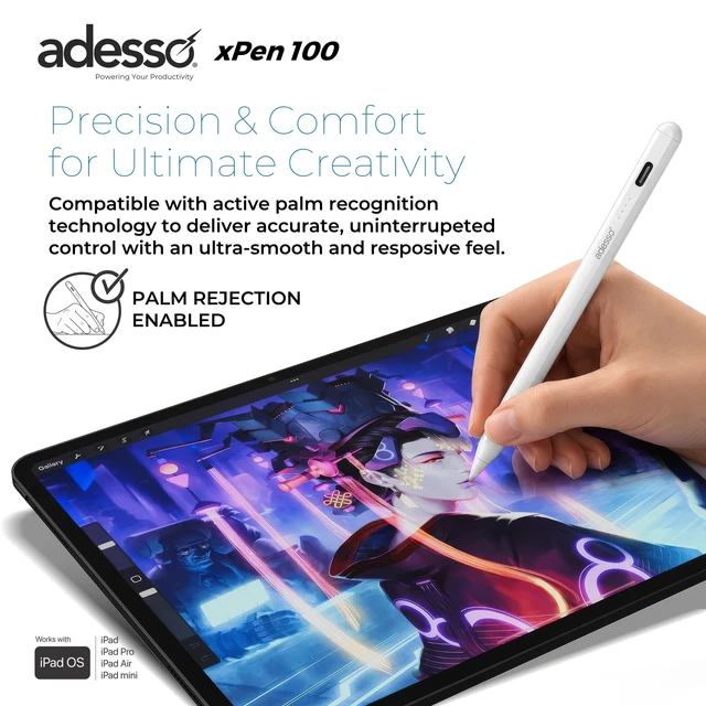 Alt view image 11 of 12 - Adesso xPen 100 Stylus Pen for iPad - Active - Replaceable Stylus Tip - Aluminum Alloy - Tablet Device Supported