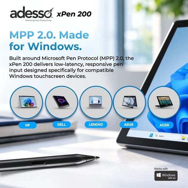 Alt view image 10 of 15 - Adesso xPen 200 Stylus Pen for Microsoft Surface Pro, HP, Dell and Lenovo 2-1 Laptops - Active - Replaceable Stylus Tip - Metal - Notebook, Touchscreen Monitor Device Supported