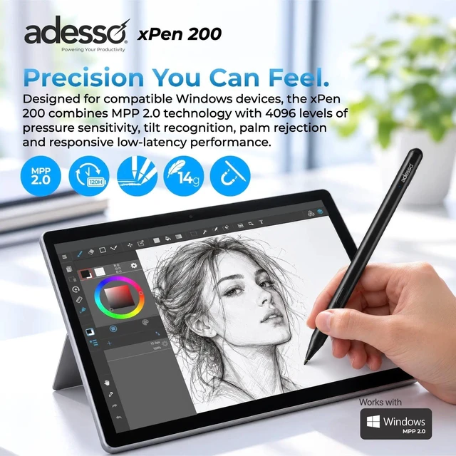 Alt view image 9 of 15 - Adesso xPen 200 Stylus Pen for Microsoft Surface Pro, HP, Dell and Lenovo 2-1 Laptops - Active - Replaceable Stylus Tip - Metal - Notebook, Touchscreen Monitor Device Supported